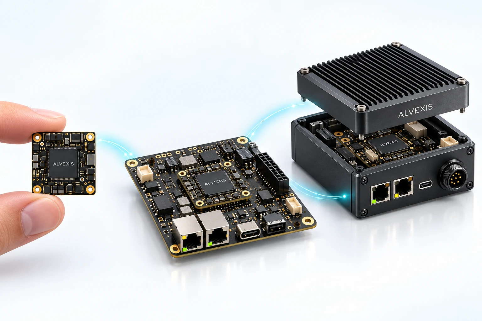 A compact compute module, custom carrier board and rugged enclosure showing development from core to finished product