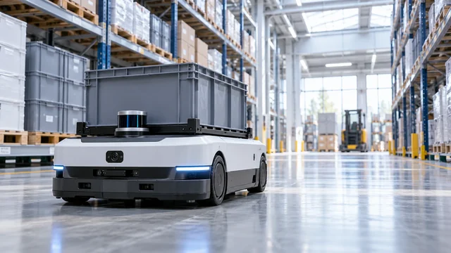 An autonomous ground robot carrying a tote in a warehouse