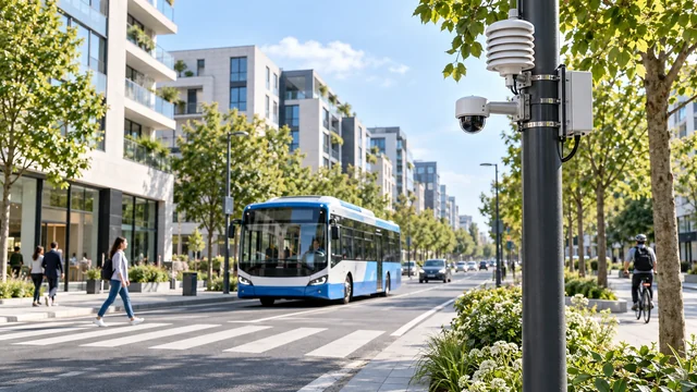 Environmental sensing beside a modern city street and bus